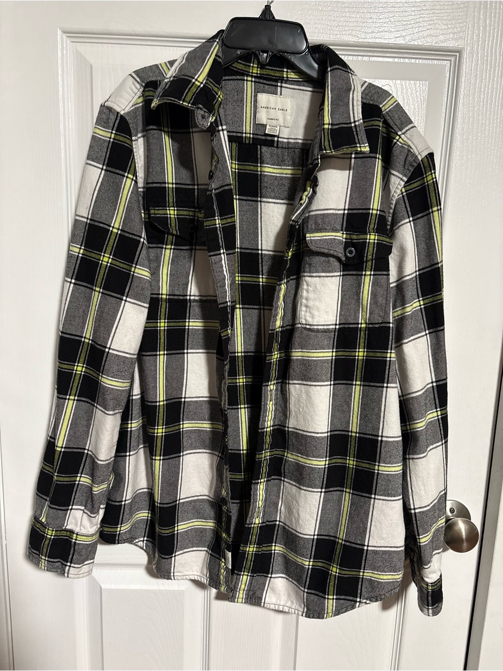 American Eagle Men’s Plaid Flannel Shirt XL Classic Fit Black White Neon Yellow